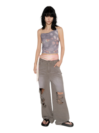 Washed Distressed Straight Pants