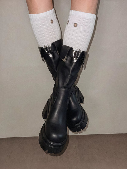 Metallic Strap Platform Mid-Calf Boots