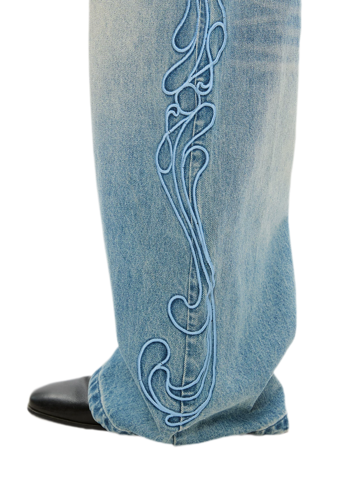Washed Embroidered Wide-Leg Jeans
