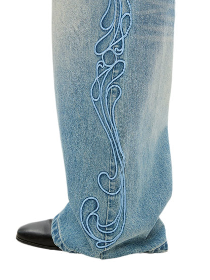 Washed Embroidered Wide-Leg Jeans
