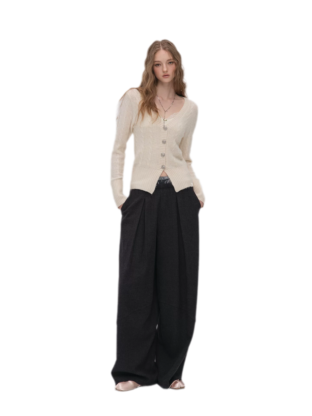 Pleated Contrast Wide-Leg Trousers