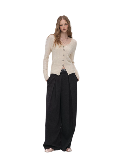 Pleated Contrast Wide-Leg Trousers