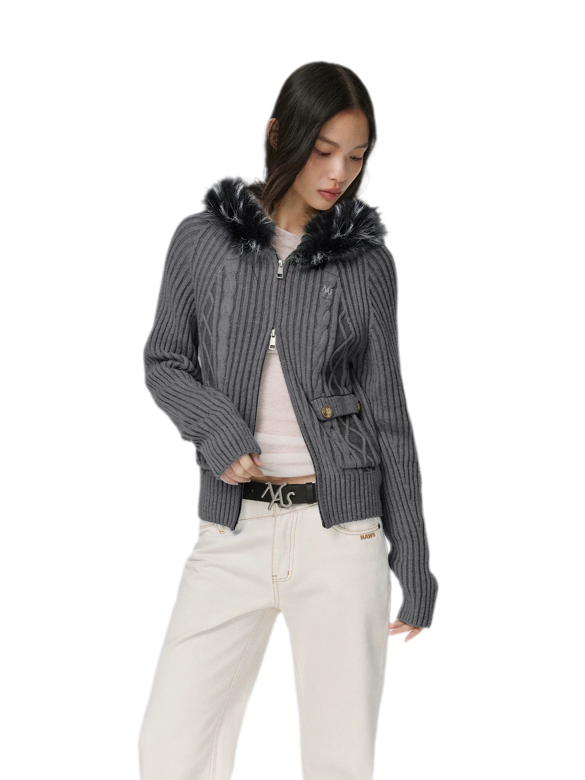 Gilet ajusté à capuche en maille torsadée