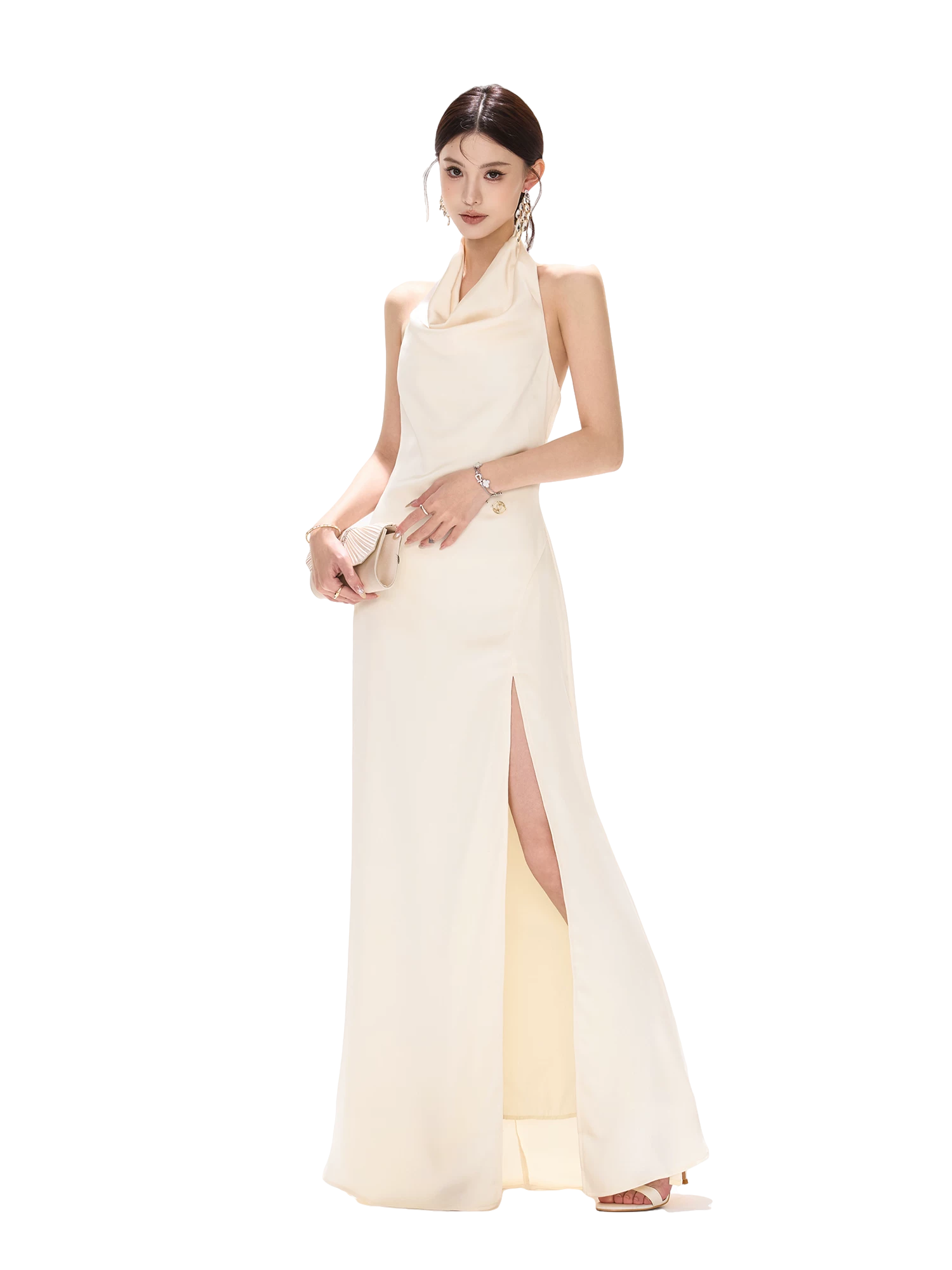 Halterneck Draped Satin Long Dress with Side Slit