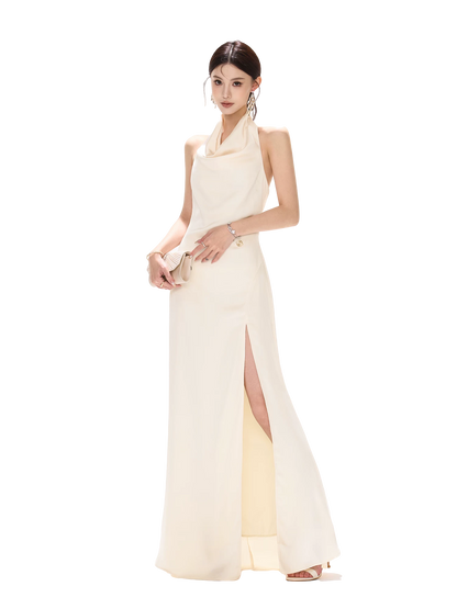 Halterneck Draped Satin Long Dress with Side Slit