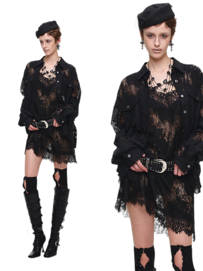 Lace Oversized Tie Shirt