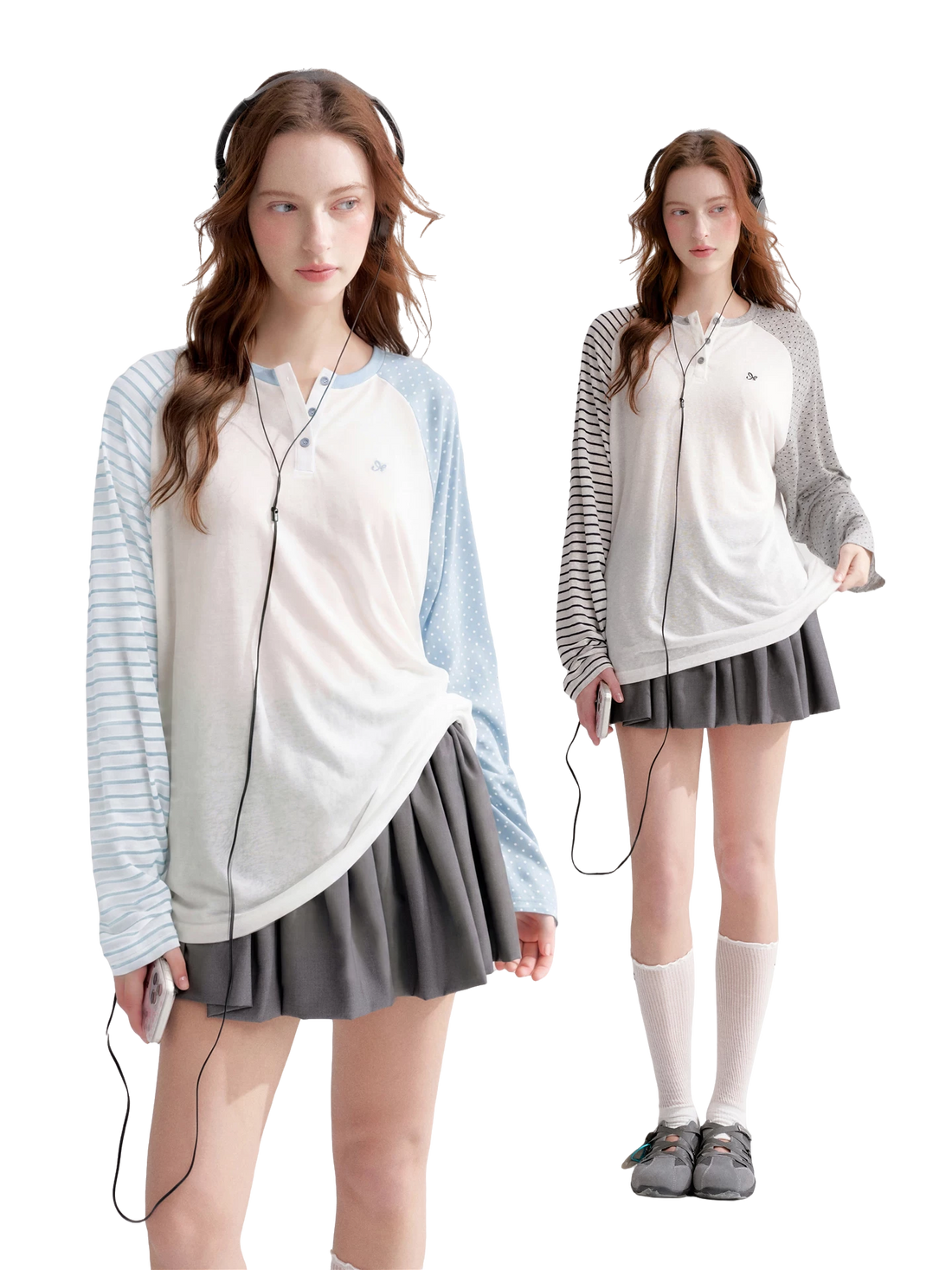 Striped Polka Dot Raglan Sleeve Long Sleeve Pullover