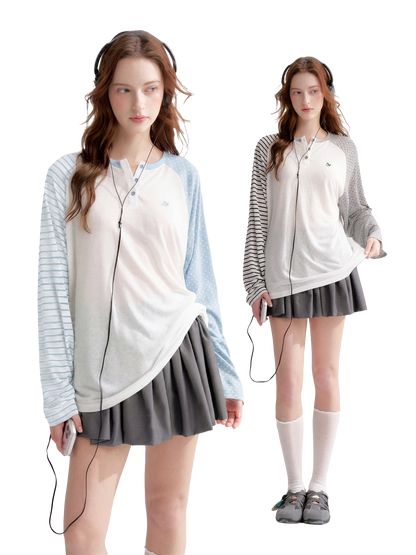 Striped Polka Dot Raglan Sleeve Long Sleeve Pullover