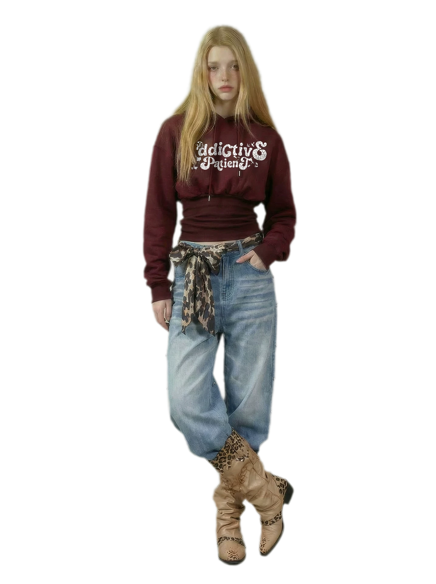 Graphic Cropped Cinched Hoodie