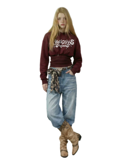 Graphic Cropped Cinched Hoodie