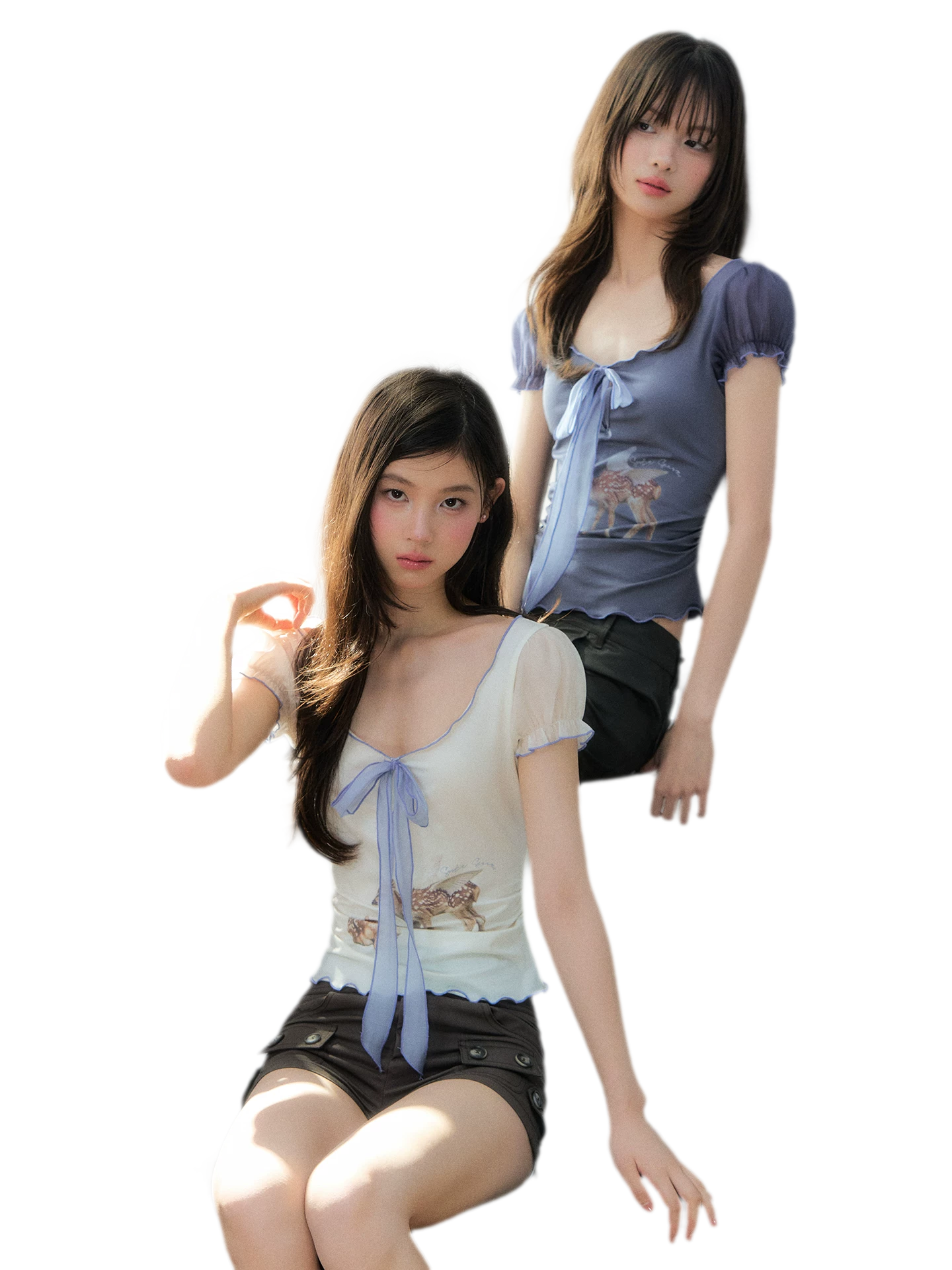 Korean Lyocell Deer Print Ribbon T-Shirt