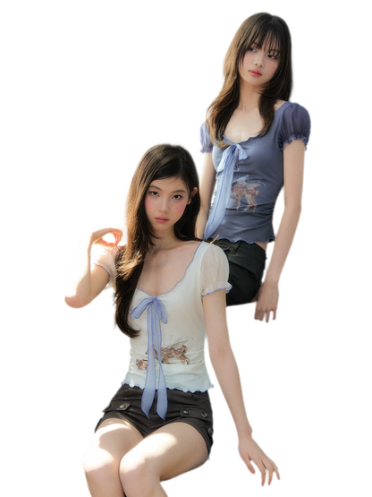 Korean Lyocell Deer Print Ribbon T-Shirt