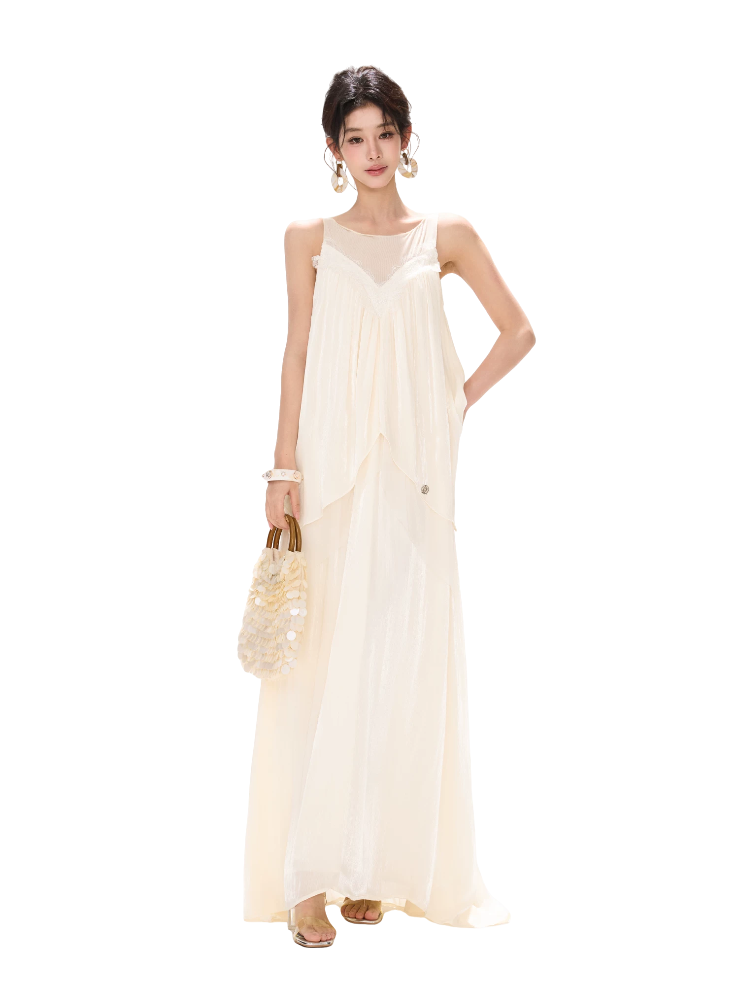 Sleeveless Mesh Ruffle Long Dress