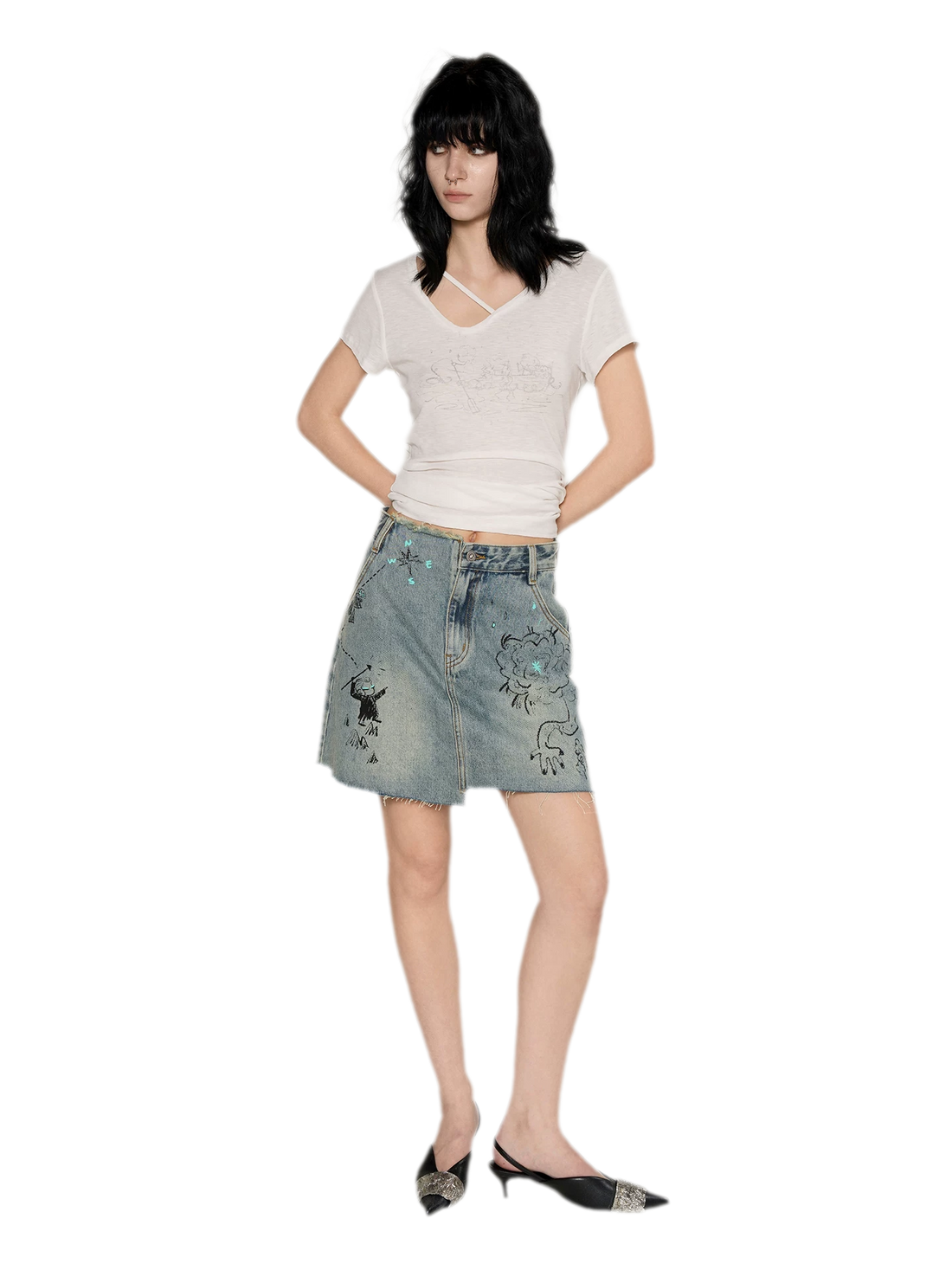 Washed Graffiti A-Line Denim Skirt