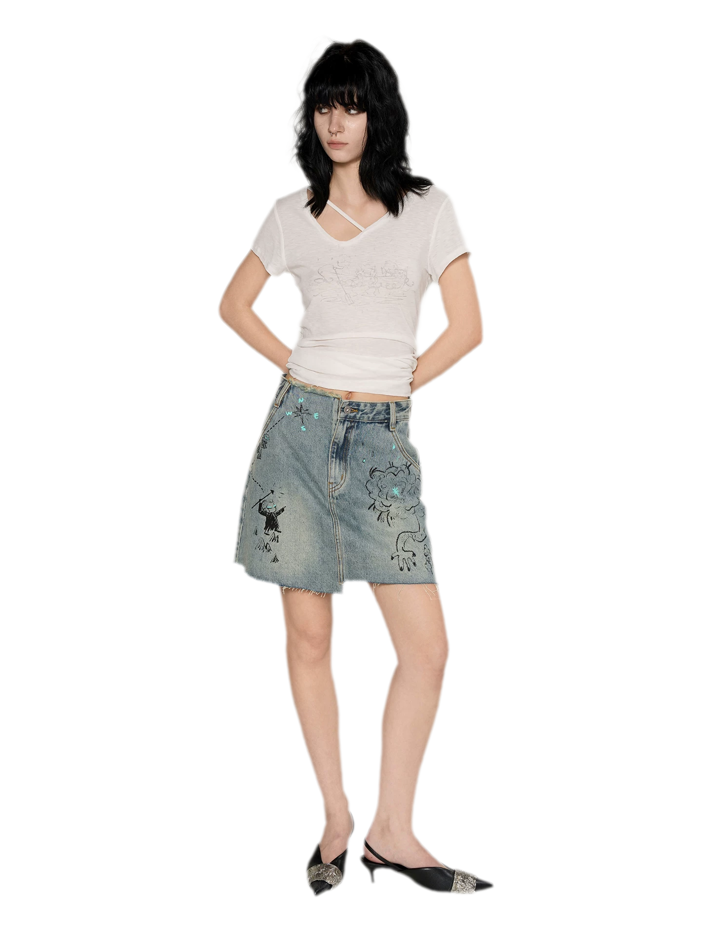 Washed Graffiti A-Line Denim Skirt