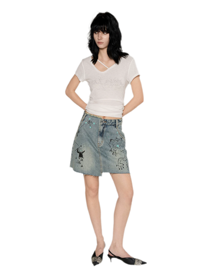 Washed Graffiti A-Line Denim Skirt