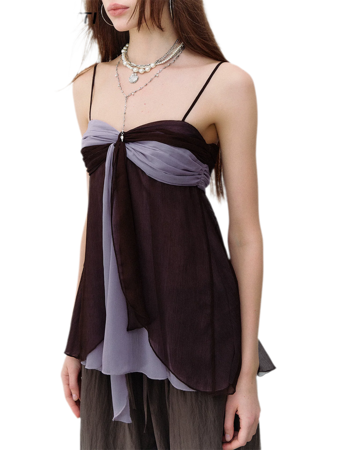 Color Catcher Irregular Contrast Pleated Chiffon Camisole