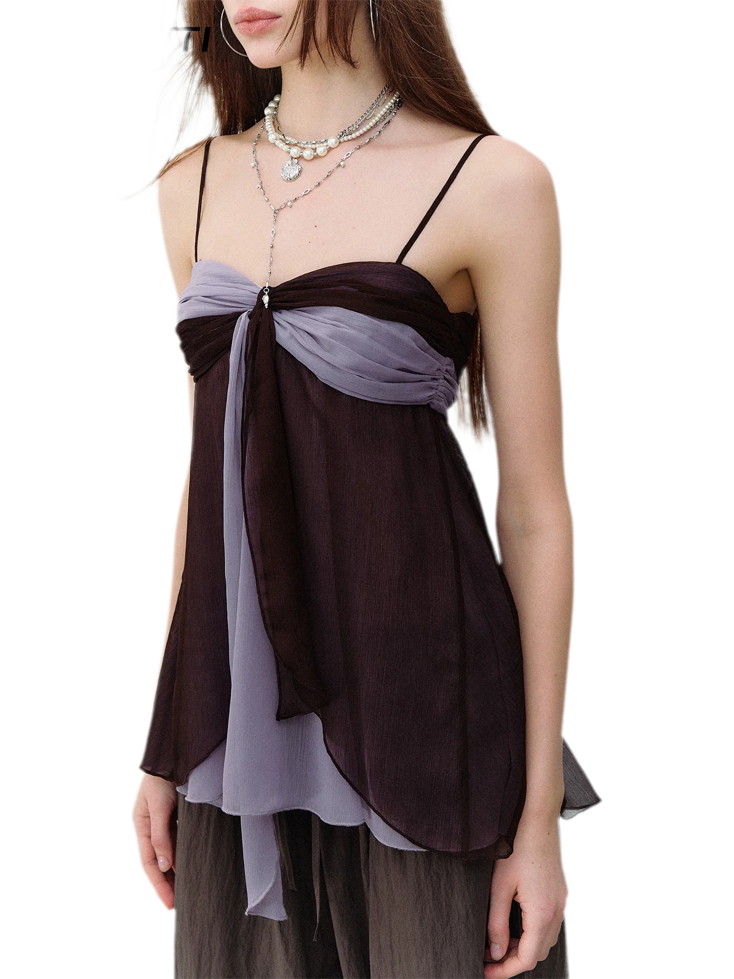 Color Catcher Irregular Contrast Pleated Chiffon Camisole