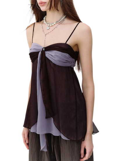 Color Catcher Irregular Contrast Pleated Chiffon Camisole