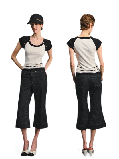 Color Block U-Neck Short Sleeve T-Shirt