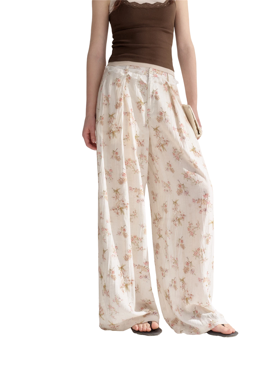Lightweight Printed Wide-Leg Pants with Lace Waistband