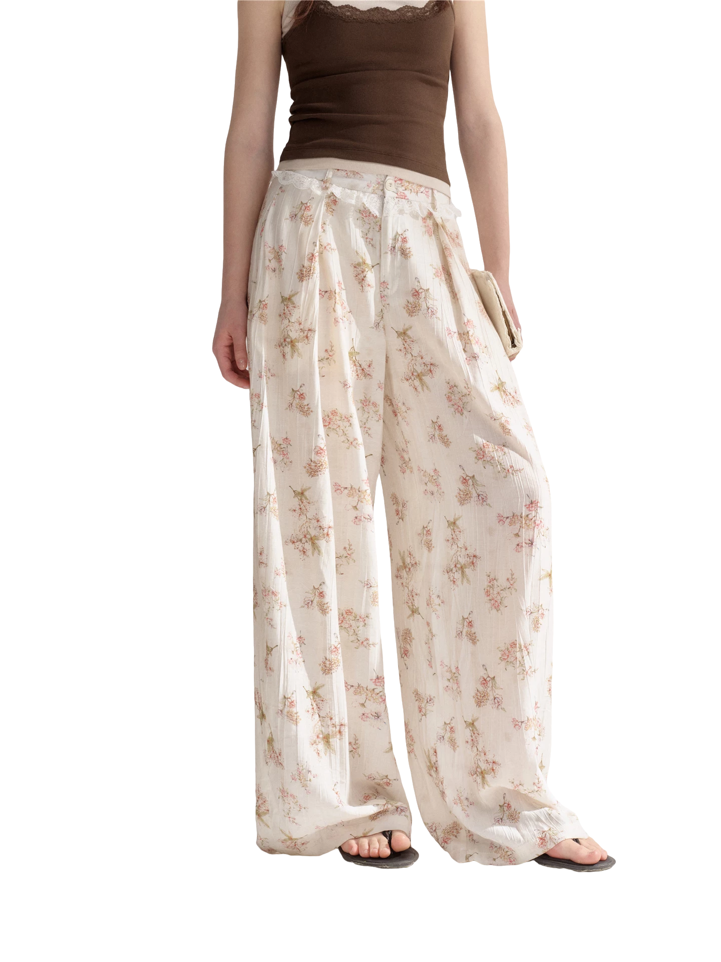 Lightweight Printed Wide-Leg Pants with Lace Waistband