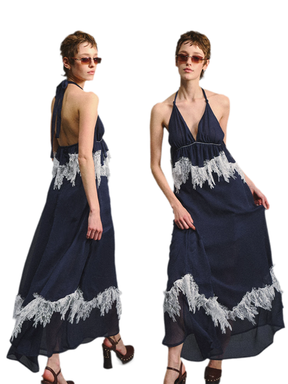 Deep V Halter Maxi Dress in Serene Blue