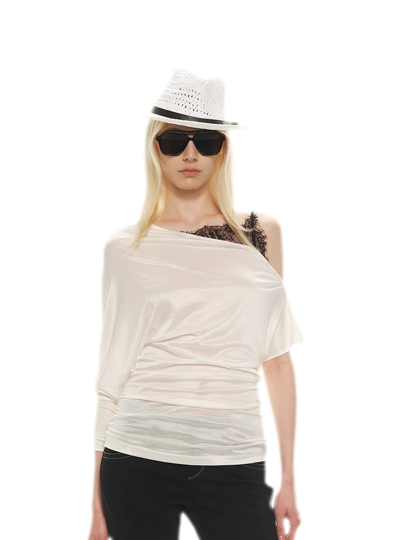 Silky Satin Texture Asymmetric Off-Shoulder Lace Trim T-Shirt