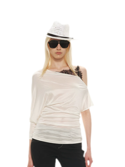 Silky Satin Texture Asymmetric Off-Shoulder Lace Trim T-Shirt