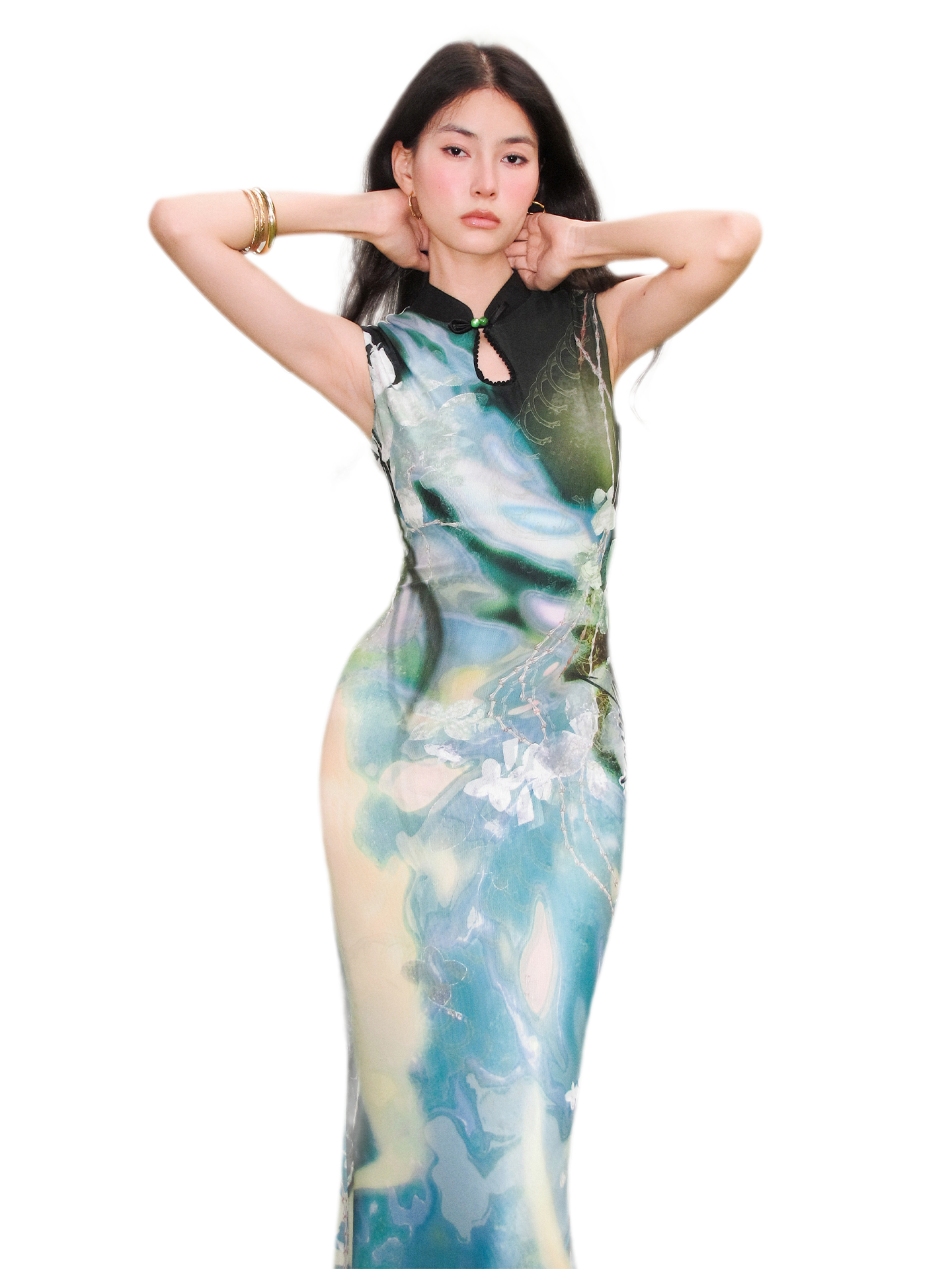 Black Rose Impressionist Print High-Waist Mermaid Dress