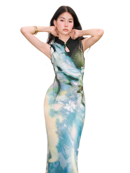 Black Rose Impressionist Print High-Waist Mermaid Dress