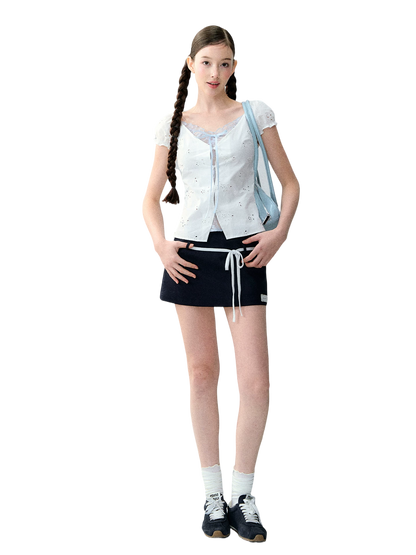 Sweet Elastic Puff Sleeve Lace Short Sleeve Top