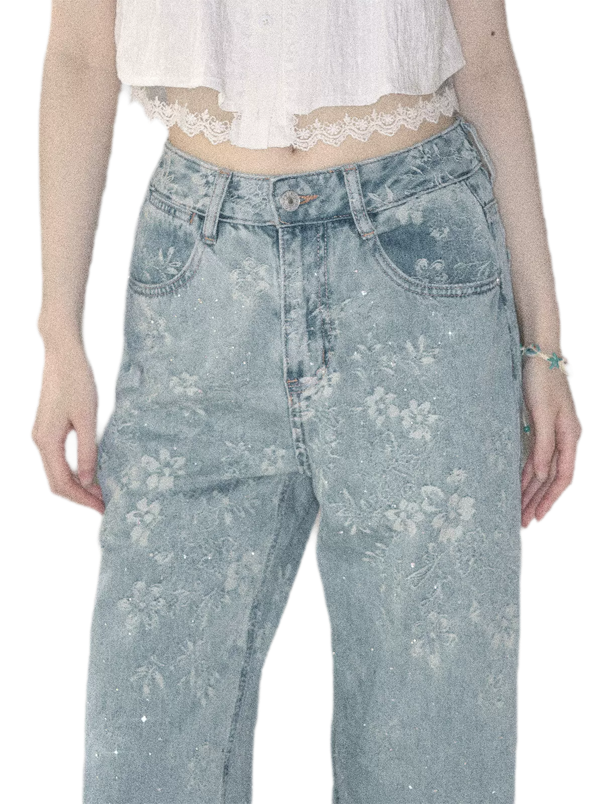American Style Rhinestone Floral Denim Pants