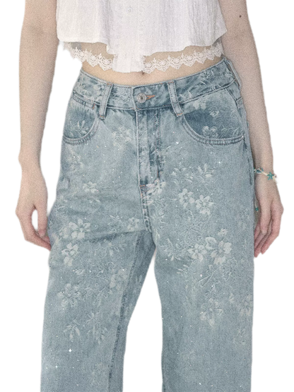 American Style Rhinestone Floral Denim Pants