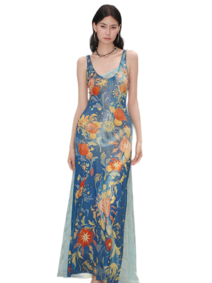 Beaded Lace Print Convertible Dress