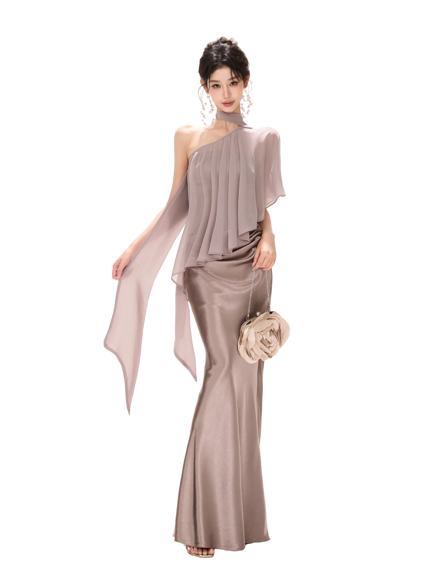 Amber Glow High-Waist Fishtail Satin Skirt