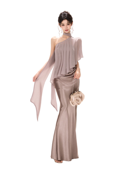 Amber Glow High-Waist Fishtail Satin Skirt