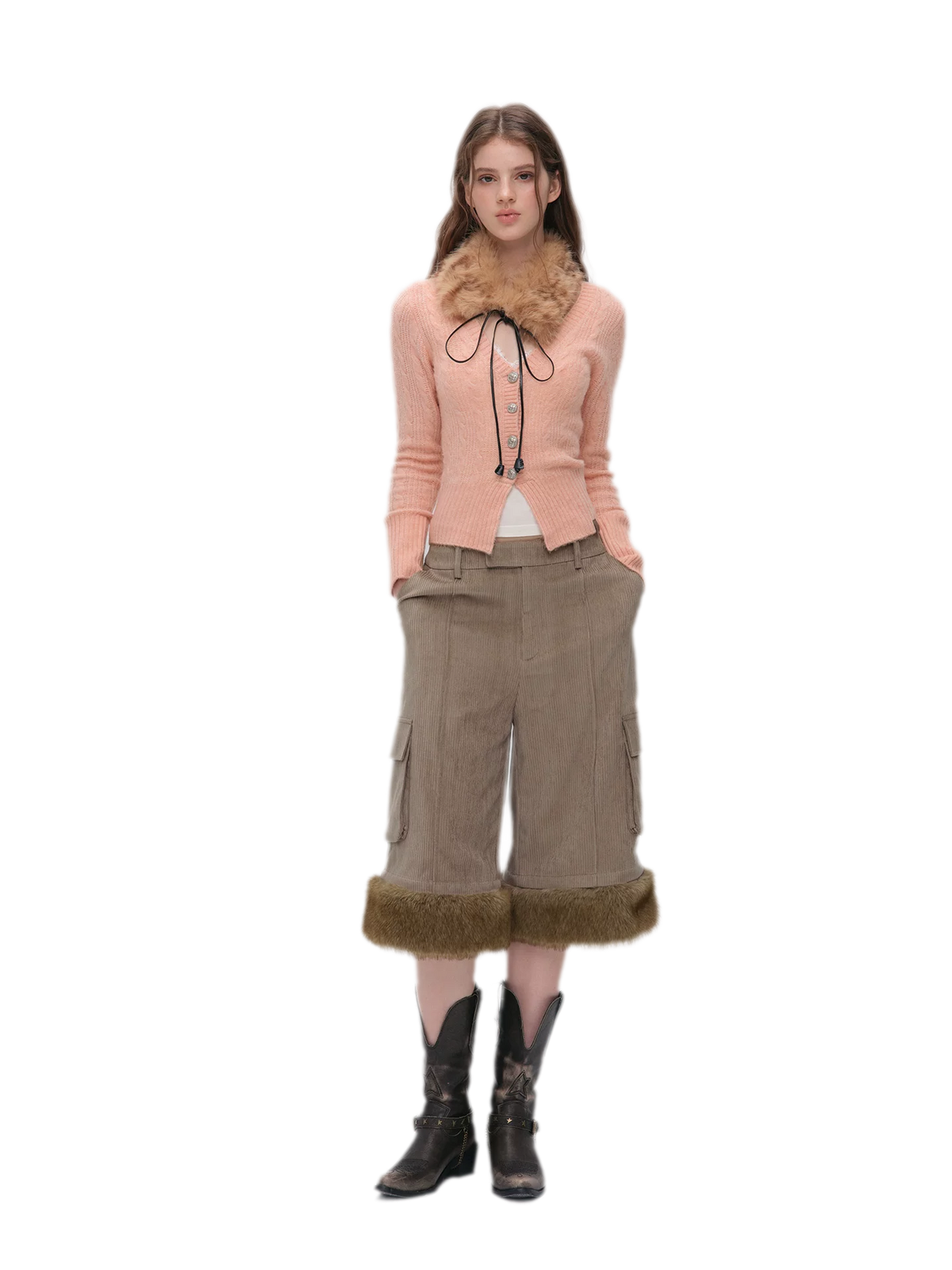 Chenille Cargo Cropped Wide-Leg Pants