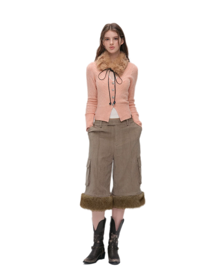 Chenille Cargo Cropped Wide-Leg Pants