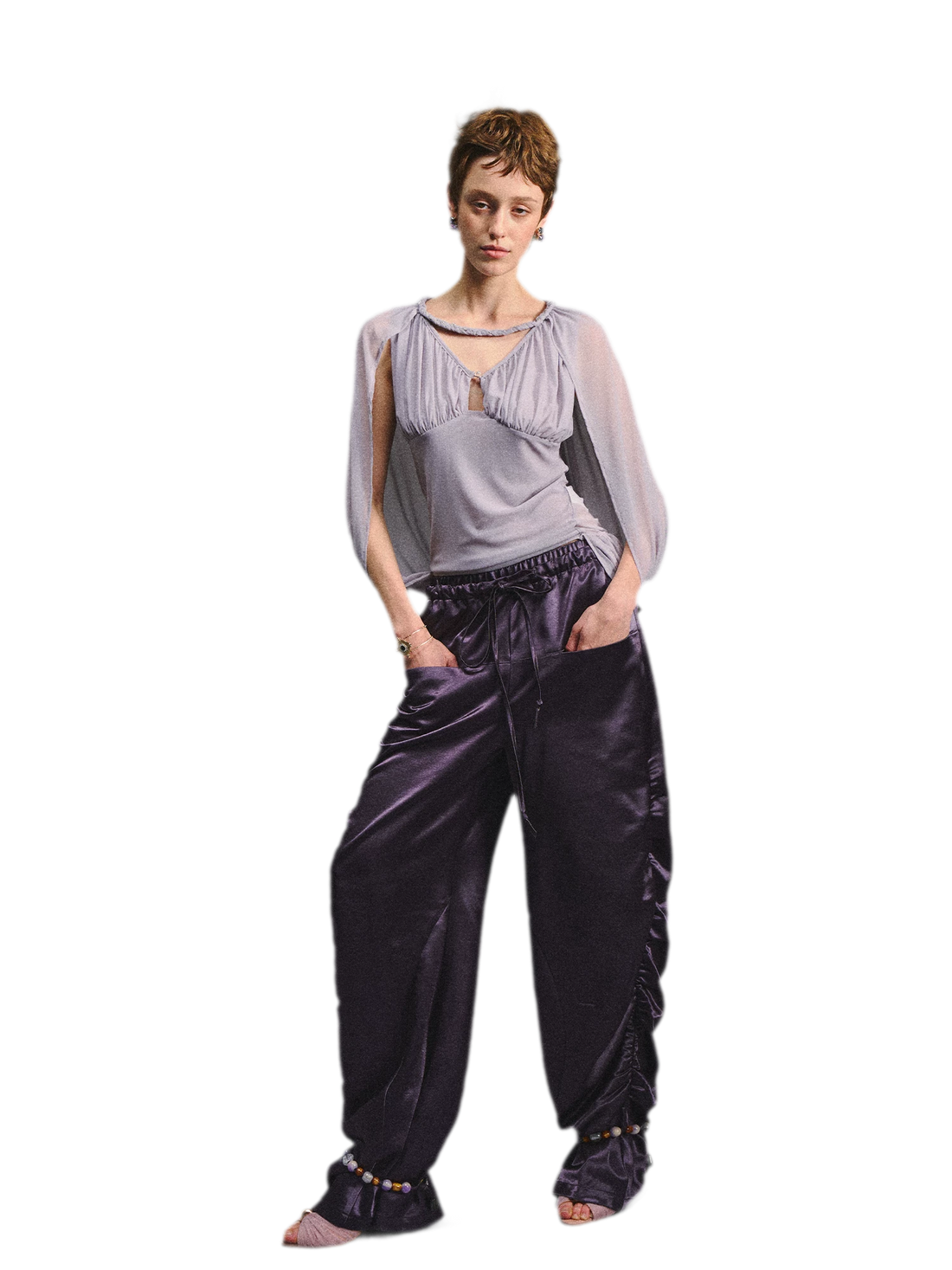 Satin Jogger Pants with Beaded Drawstring