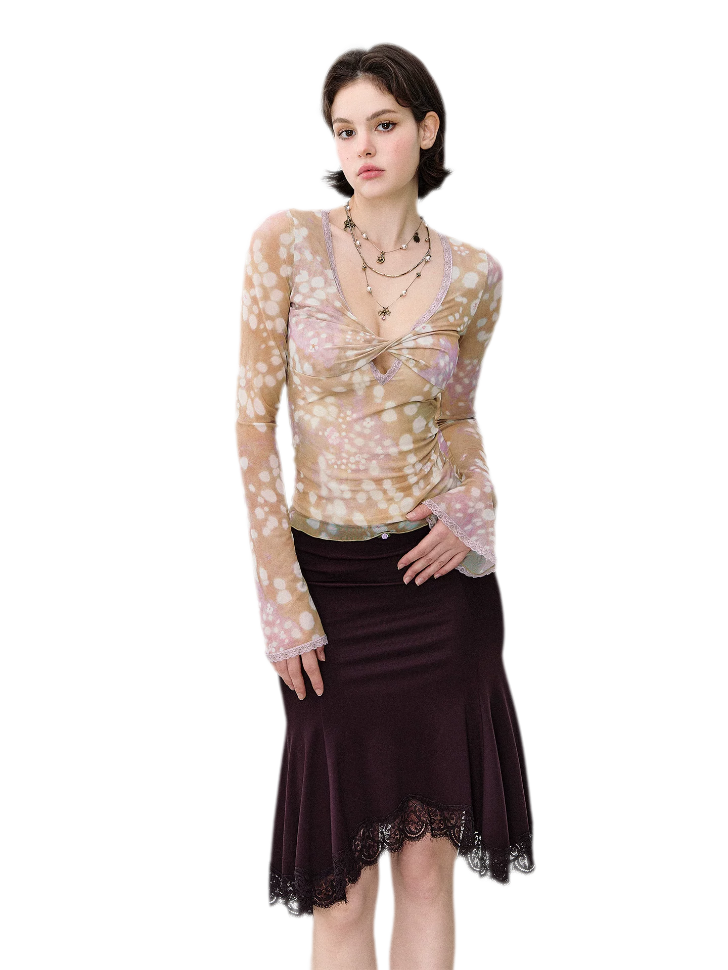 Deer Print Lace Mesh Top