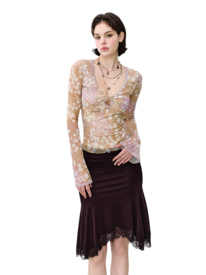Deer Print Lace Mesh Top
