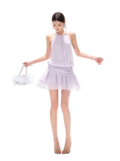 Sleeveless Halter Neck A-Line Chiffon Dress