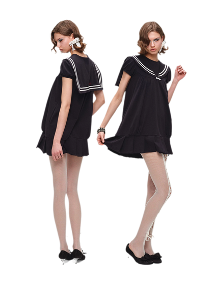 Retro Navy Collar Pleated Dress