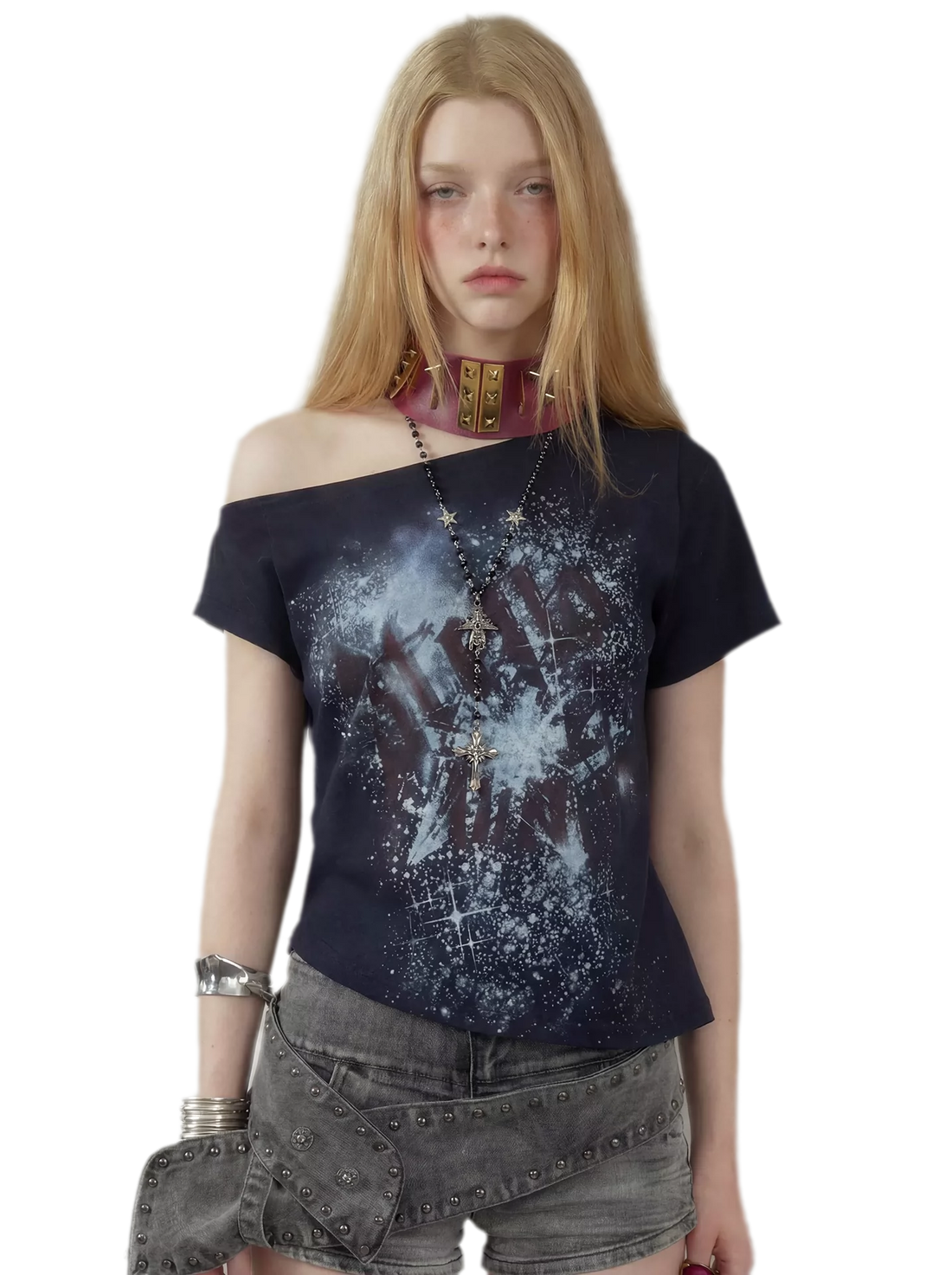 Graphic Waist-Cinched Short-Sleeve Top
