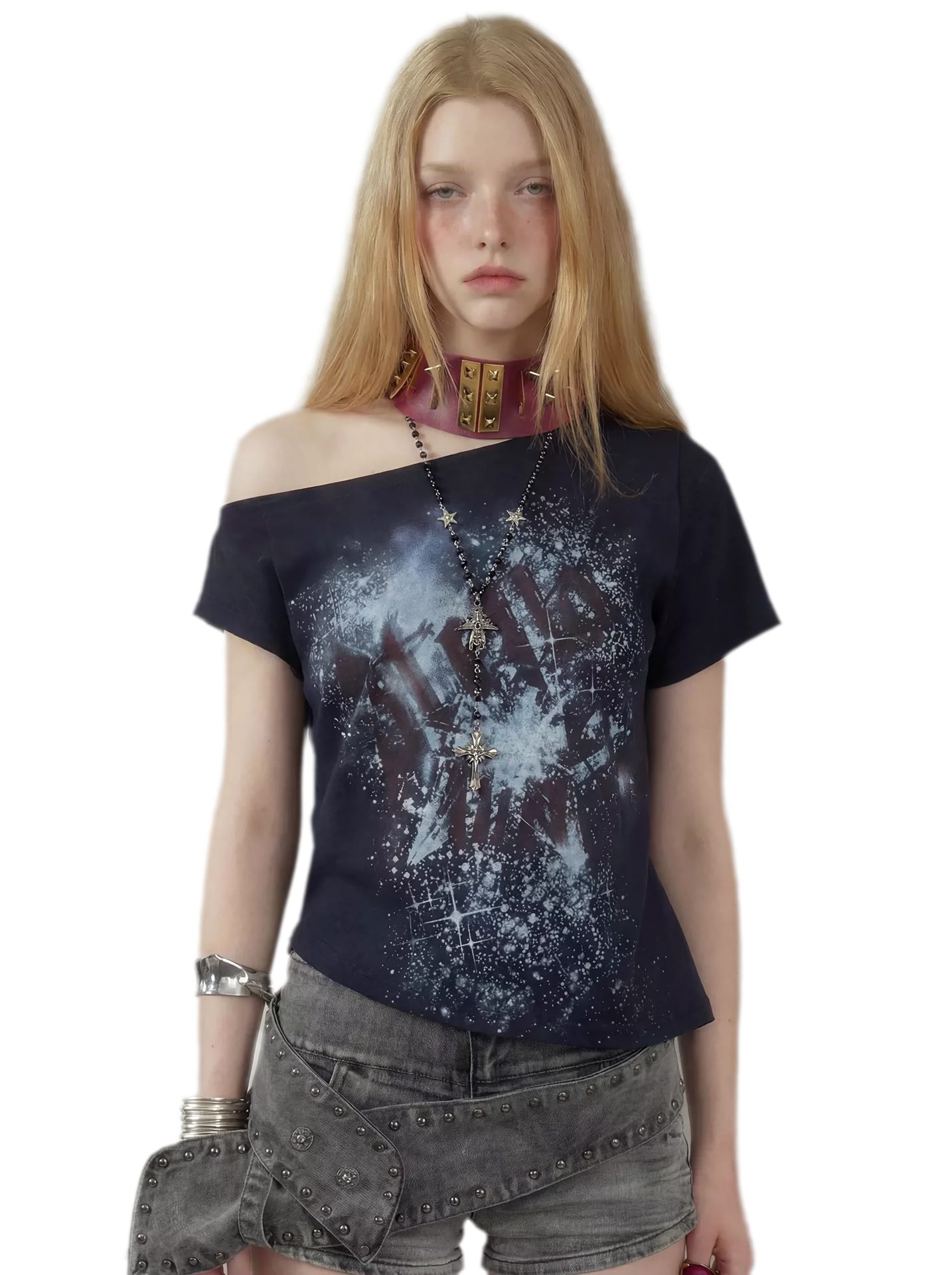 Graphic Waist-Cinched Short-Sleeve Top