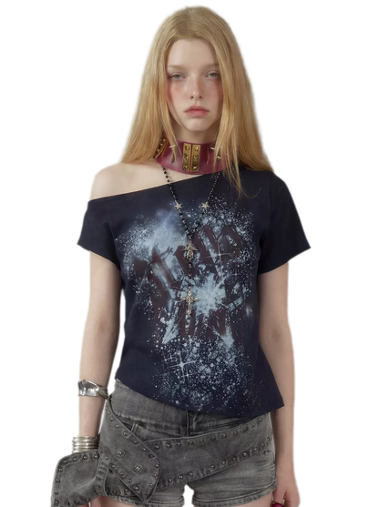 Graphic Waist-Cinched Short-Sleeve Top