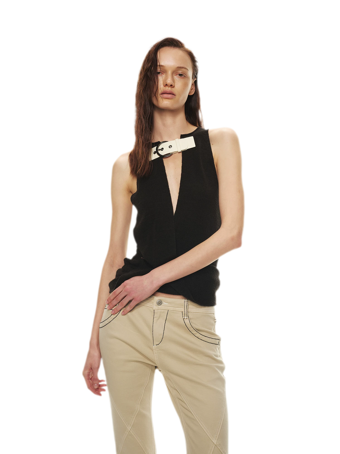 Stylish Patchwork Leather Buckle V-Neck Sweater Vest