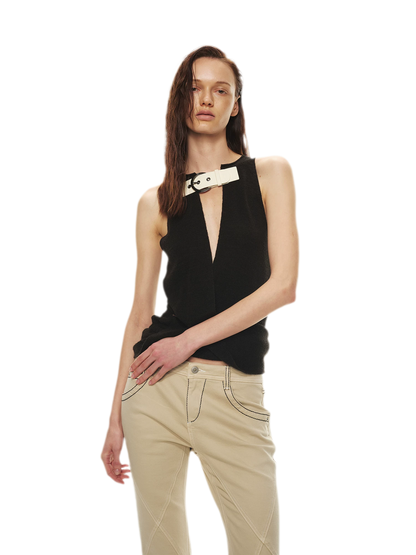 Stylish Patchwork Leather Buckle V-Neck Sweater Vest
