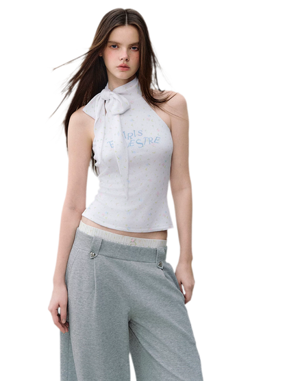 Printed Bow-Tie Halter Cropped Vest
